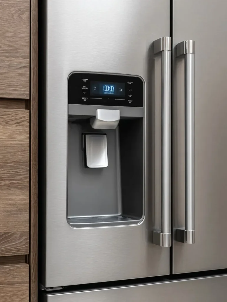 Stainless French-door refrigerator with water and ice dispenser.