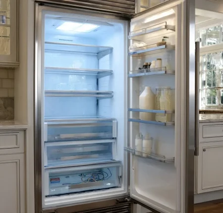 Built-in refrigerator open to show the illuminated interior and shelves.